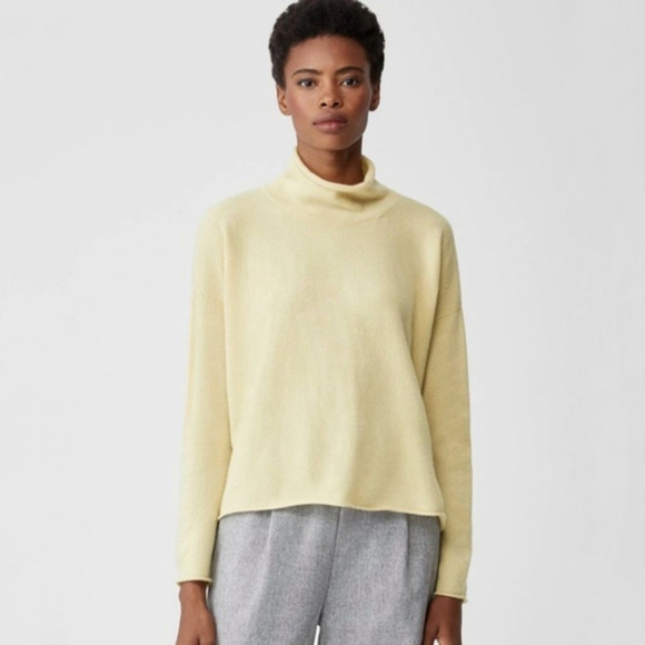 Eileen Fisher Italian Cashmere Scrunch Neck Top Pale Cornsilk yellow XL new NWT
